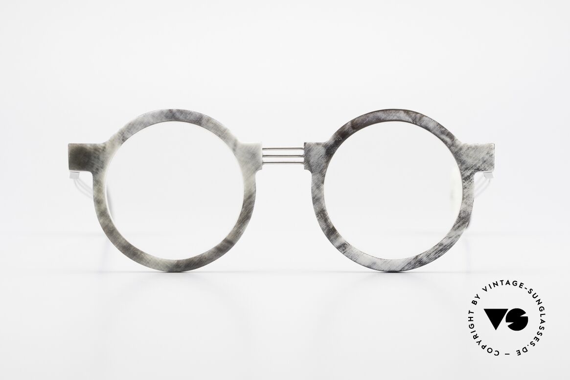 P. Klenk String 027 Genuine Horn Glasses Panto, striking round horn eyeglass-frame by P. Klenk from 1992, Made for Men and Women