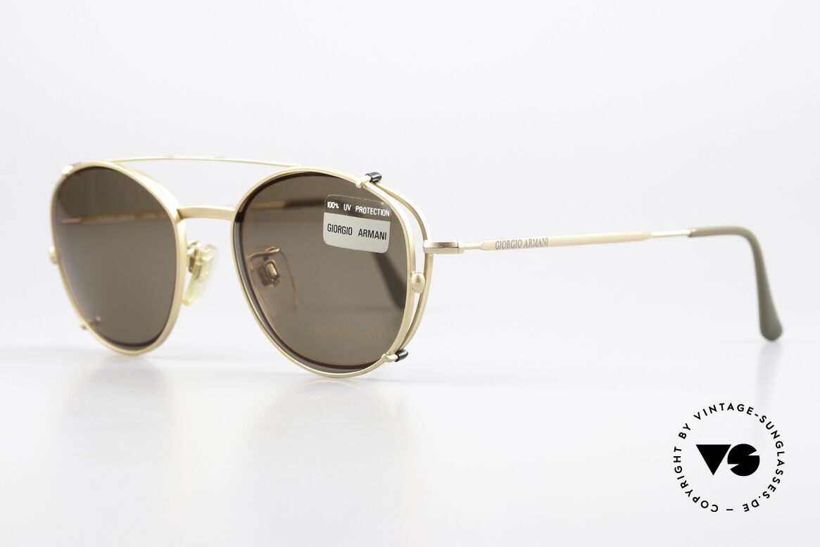 Giorgio Armani 203 1980's Frame With Sun Clip, matt golden metal frame in size 51/22 with Clip-On, Made for Men and Women