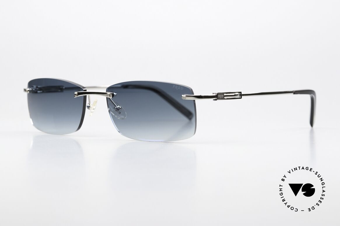 Fred Cayman F6 Rimless Sunglasses Square, costly palladium-plated frame & blue-gradient lenses, Made for Men