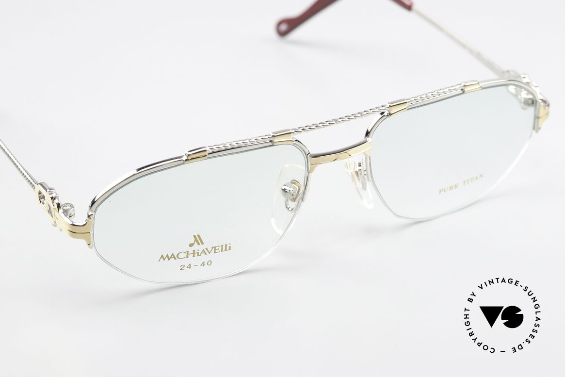 Machiavelli 24-40 80's Frame Gold & Platinum, comfortable, half rimless (nylor glasses) in 55-18, Made for Men