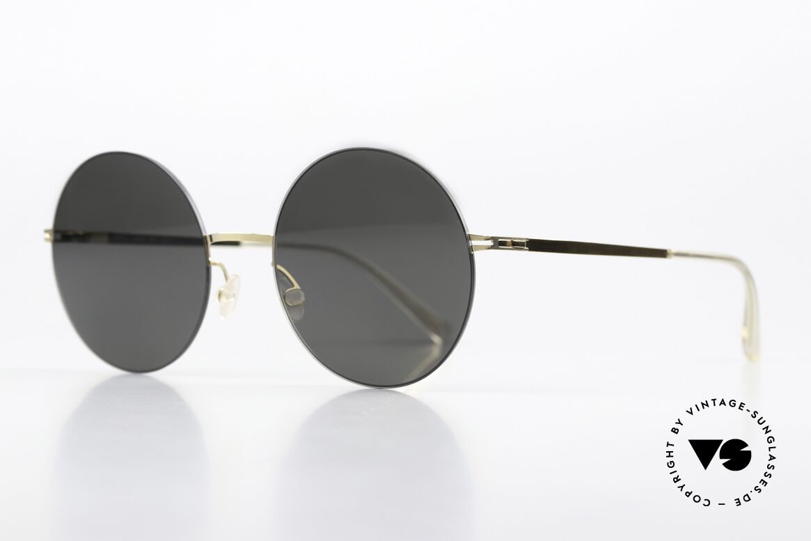 Mykita Yoko Big Round Sunglasses, color code 056 = 'Gold / Black / Darkgrey Solid Lenses', Made for Women