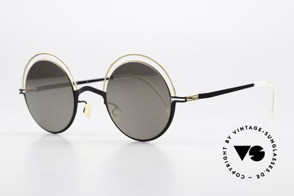 Mykita Bueno Round Designer Sunglasses, black/gold frame with slightly mirrored sun lenses, Made for Men and Women